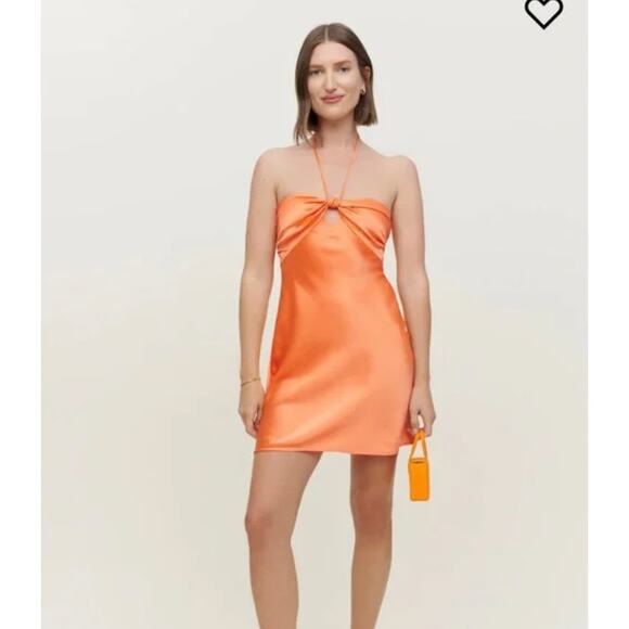 Reformation Sorrentine Halter Mini Dress Cutout Tangerine 100% Silk Sz 0 RARE - Picture 3 of 12